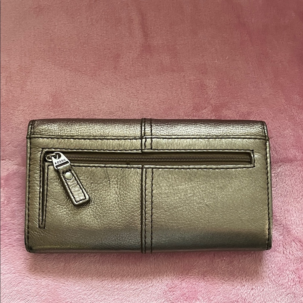 Fossil Y2K Metallic Gunmetal Silver Leather Large Bifold Wallet - Picture 15 of 17